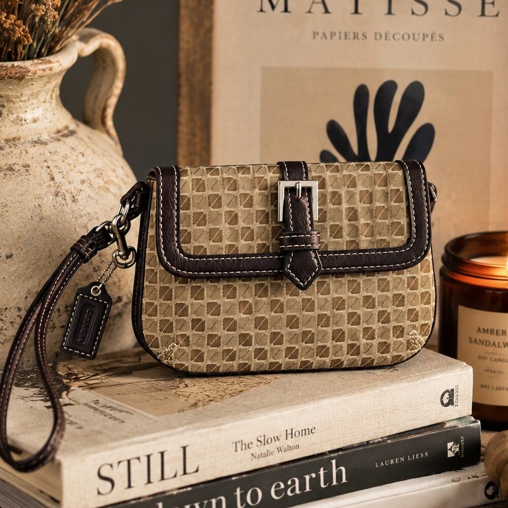 Coach Y2K Signature Jacquard Buckle Wristlet Brown Leather Mini Bag
